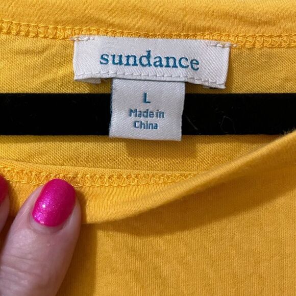 SUNDANCE Drape Ruched Hem Short Sleeve Crew Neck Shirt Yellow Women’s Size Large - Picture 3 of 4